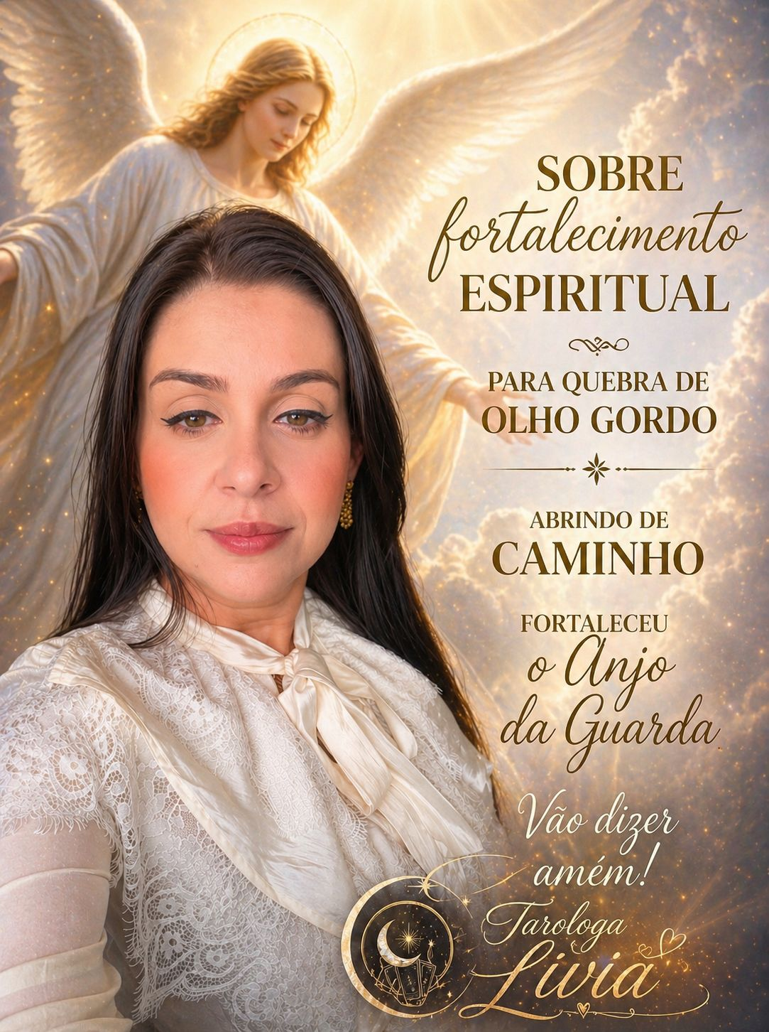 Taróloga Livia com arte espiritual dourada e anjo ao fundo